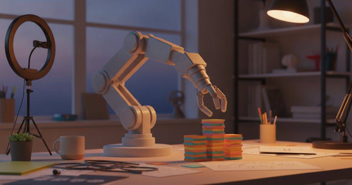 Gerçek bir yaratıcı stüdyo masasında yardım eden mekanik robot kol