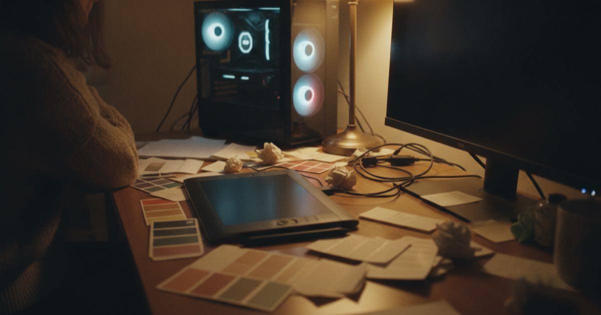 Un escritorio de creador con una torre de computadora y tarjetas de color usadas para generar imágenes de IA