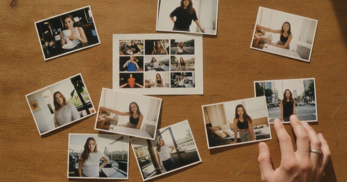 Fotos impresas de la misma mujer con distinta ropa y en distintos lugares extendidas sobre una mesa para mostrar la consistencia visual