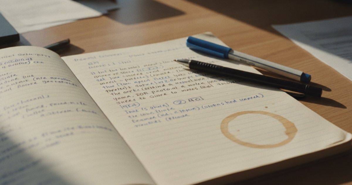 Foto cálida de un cuaderno con varias preguntas cortas escritas a mano