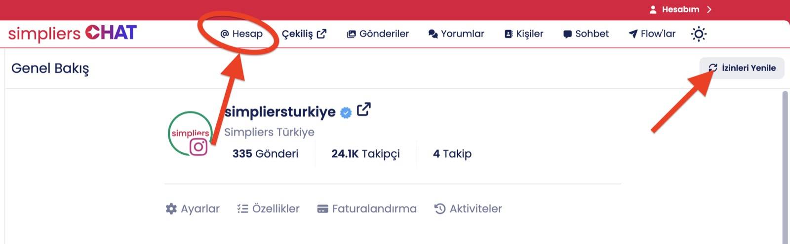 Simpliers CHAT panelinde Hesap sekmesi ve İzinleri Yenile butonu