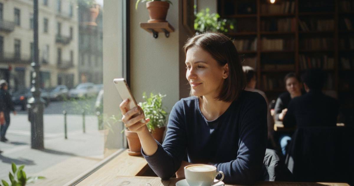 Bir kadın güneşli bir kafede pencere kenarında telefonuna bakıyor