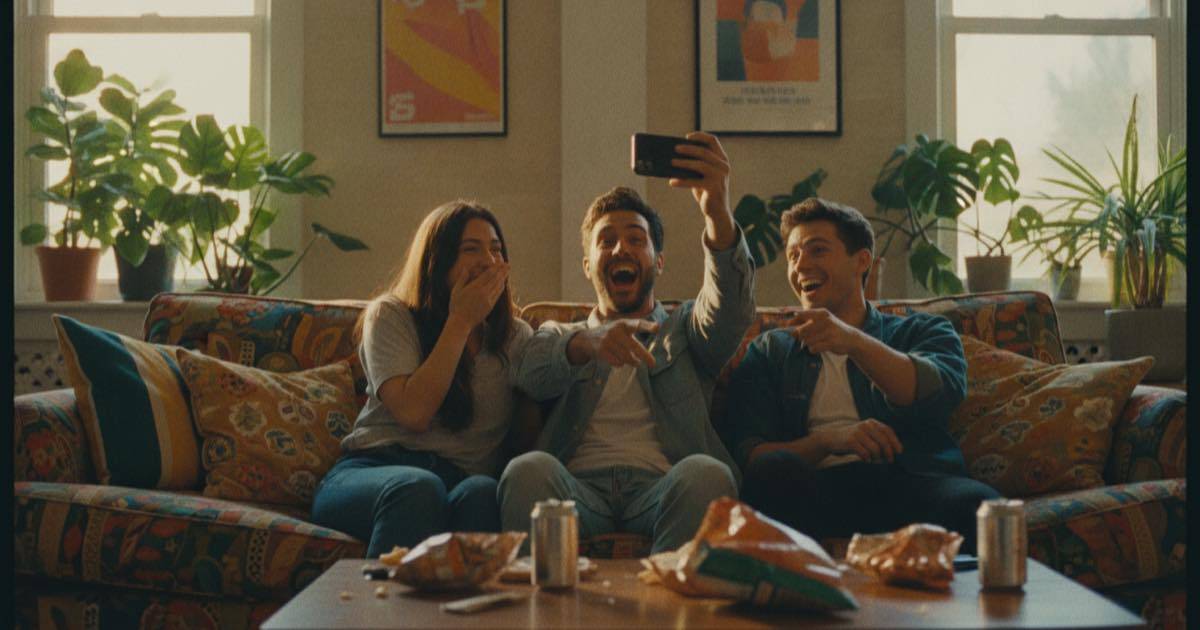 Arkadaşlar kanepede gülerken biri telefonda bir videoyu gösteriyor