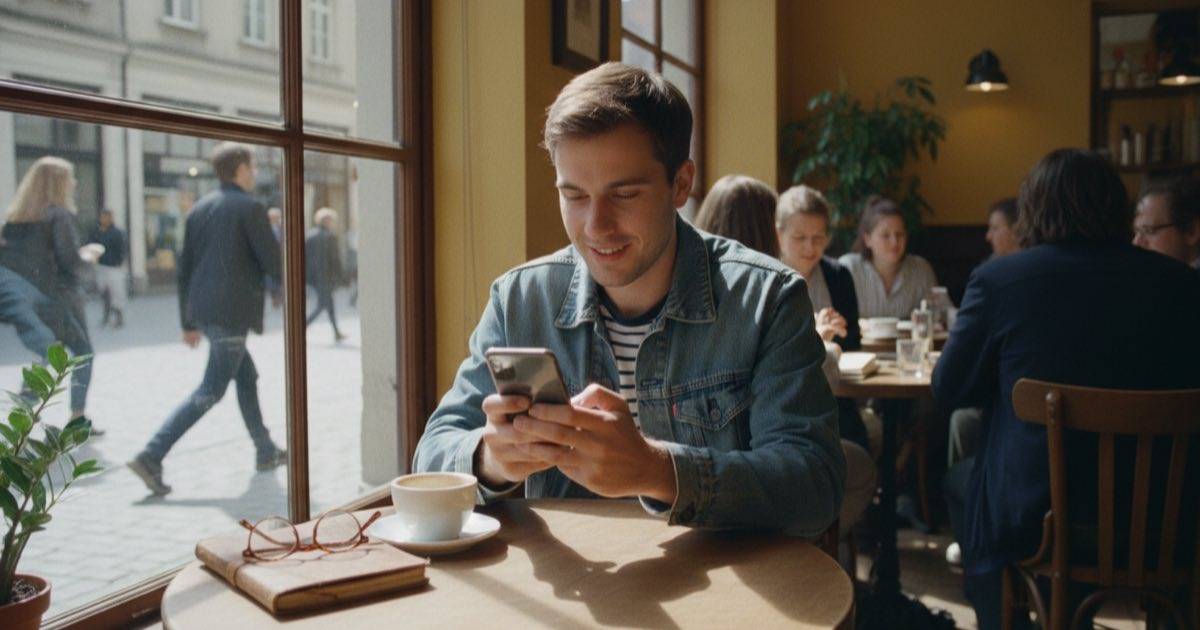 Güneşli bir kafede telefonunu dik tutarak içeriğine gelen yanıtları kontrol eden kişi