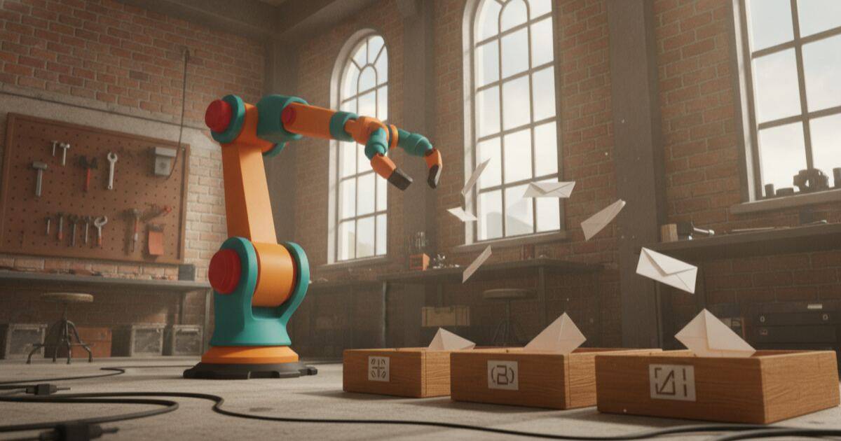 Bir atölyede havada uçuşan kağıt zarfları ayıklayan robot kol