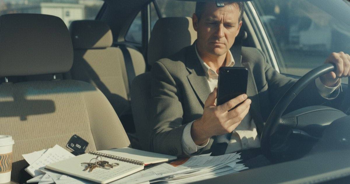 Emlak danışmanı yoğun bir gün içinde akıllı telefonundan emlak sorularını kontrol ediyor