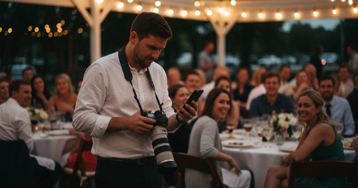 Düğün fotoğrafçısı etkinlik sırasında telefonuna gelen mesajlara bakıyor